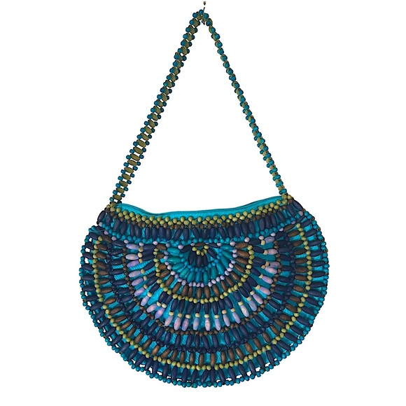Vintage Handbags - Vintage 1970's Wooden‎ Beads Beaded Shoulder Bag  Purse